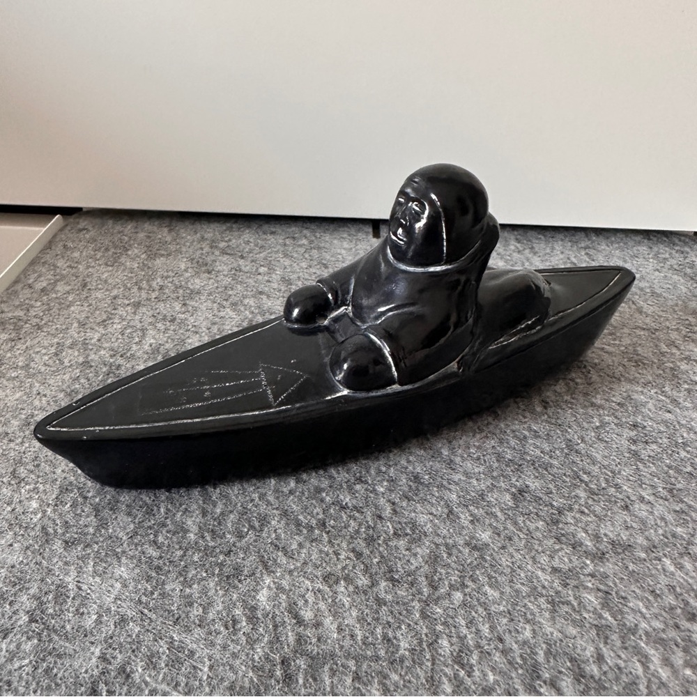 Vintage Inuit-Style Seal Sculpture in Kayak, Black Stone Look, Hand-Carved Style